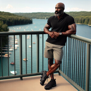 Describe an African-American man in his mid-50s with a sleek, ba...