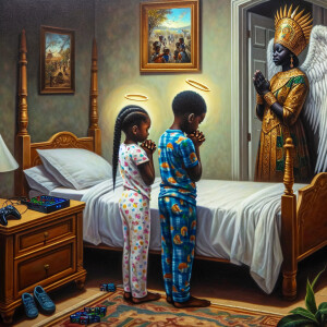 An oil painting of two African-American children with dark skin,...