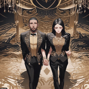 In a grand ballroom, under shimmering lights,
A black man and wo...