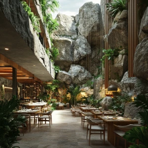 Double height ceiling
open restaurant with big stone walls and t...