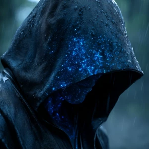 A cinematic close-up portrait of an enigmatic sci-fi figure wear...