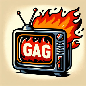Tube TV with the word “GAG” on the screen on fire cartoon logo