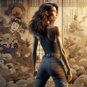 Athletic Thin skinny Attractive, Asian teenage girl, long brown hair and bangs, wearing tight skinny jeans and a halter top paint marks on her clothing, heroic pose Asian graffiti background, backside view