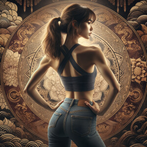 Athletic Thin skinny Attractive, Asian teenage girl, long brown hair and bangs, wearing tight skinny jeans and a halter top paint marks on her clothing, heroic pose Asian graffiti background, backside view