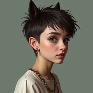 Create a portrait of a beautiful girl with a wolf cut hairstyle....