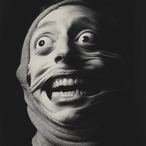 Intimate, unsettling photograph of a man's face contorted in a w...