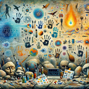 Cave Art with Handprints symbols for fire, water and air, macro, circuitry, cellular structures, DNA paint brushes and art pallets small birds, flying cardiogram print out slide detector print electromagnetic fields linear grid golden ratio, Colorful, spontaneous gestures, and marks