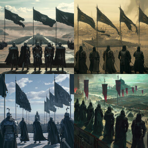 Generate a picture of 5 Muslim army generals with their backs sh...