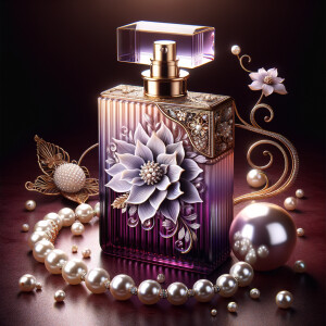 Imagine an exquisite perfume bottle as the centerpiece, rich in hue with a radiant purple gradient glass body. Embellished with a delicate floral motif, a single, elaborate flower painted in soft whites and subtle pinks rests upon the bottle. Curving gently around the flower is a string of lustrous pearls, adding a touch of elegance. The bottle's neck is adorned with a golden band, inset with intricate patterns and sparkling diamonds. Capping the bottle is a grand, spherical pearl that exudes sophistication. Around this central piece, we have a backdrop that enhances the bottle's luxury—a deep maroon surface upon which rests a scattering of pearls, a single, fallen petal, and an ornate golden twig with a pearl at its end. All elements combine to suggest opulence and style befitting the name 'Karen'.