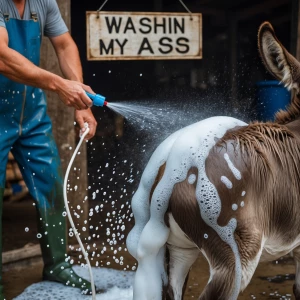A farmer spraying water and soap suds onto the back of his donke...