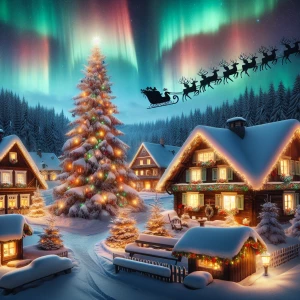 Design an image depicting a picturesque Christmas village at twi...