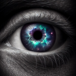 a highly detailed human eye in grayscale. The eye should be open...