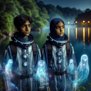 Two girls are standing near the lake at night in a hydro suit an...