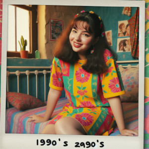 Polaroid, girl, bed, posing, dress, 1990s, short skirt, chubby