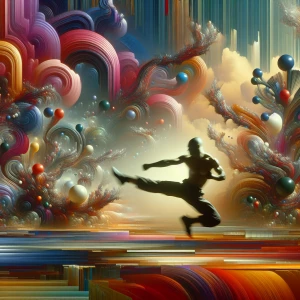 datamoshing image, training in martial arts, dynamic motion blur...