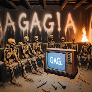 Several skeletons on a burnt couch looking at a tube TV with the...