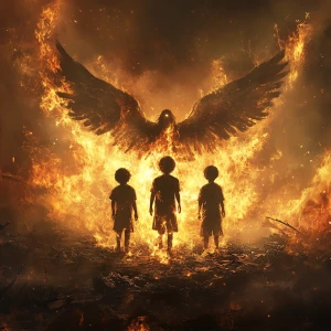 Create image of three Hebrew boys and an angel surrounded by flames but are unharmed