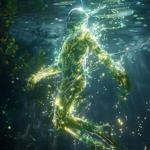 Create a dynamic scene of sea moss glowing underwater, emitting...