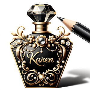 Design a fancy, black and gold bottle of perfume in the shape of a woman’s body. With a golden diamond top, flowers pearls and Diamonds in the name, Karen