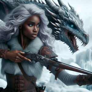 A beautiful huntress from the “Monster Hunter” series with dark...