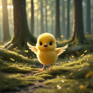 Generate an image of a small, fluffy yellow chick with shiny bla...