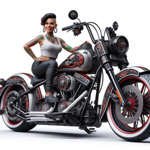 A cheeky Puerto Rican with short hair tattoos, on a shiny black and red Harley Davidson with magnificent design and crammed out. Her head is turned, looking at the camera and posing on the motorcycle.