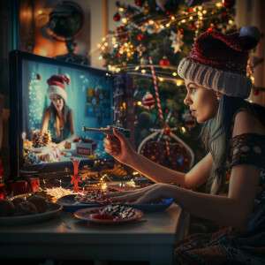 Photorealistic image. Woman making YouTube video of herself, mak...