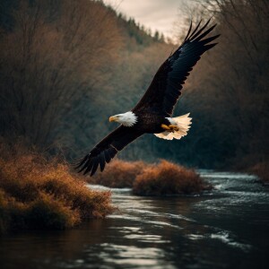 Eagle flying above creek