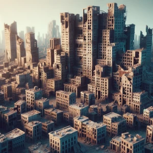 A vast, abandoned cityscape. Crumbling buildings fill the enviro...