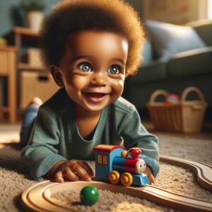 African-American baby boy with huge green eyes, playing with a train