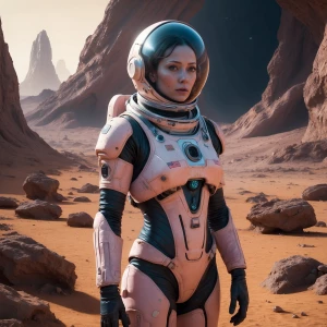 A lone female astronaut in a slightly damaged, high-tech pink sp...