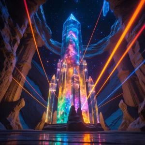 In the depths of a bizarre regal space habitat, a towering cryst...