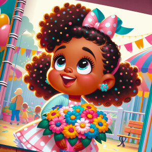 A charming, joyful African American 6-year-old girl cartoon char...
