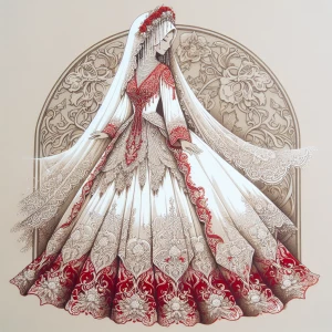 a Turkish bride in a luxurious white or red gown with intricate...
