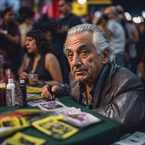 hyper realistic photo of older, gray hair, heavier Beetle Juice....