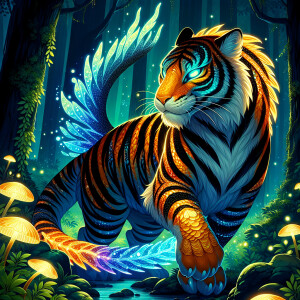 Create an image of a Tigron, a majestic fusion of a tiger and a...