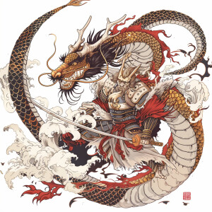 Outlined image of gold eyed Chinese dragon with the main color o...
