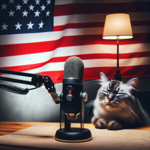 Create an image of a cozy podcast studio bathed in soft, dim lig...