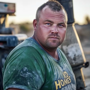 Brian Nobles a real 28 year old Caucasian male who is using  a concrete mixer, he is a  pump operator holding the hose which carries the liquid concrete to the foundation pour, Brian is slowly  beginning his transition into adult maturity , Brian Nobles is beginning to look like a grown man, he has large reflective blue eyes and a wrinkled brow,Brian is now balding , prominent large protruding round fat obese belly,,thick greying goatee beard, healthy muscle mass ,very noticeable male pattern balding hairline, Brian Nobles now has a  prominent receding and thinning male hairline (onset male pattern baldness), slightly fat overweight(Caucasian)wearing tight body conforming  glossy satin shiny green and gold tight fitting body conforming UnderArmour athletic bodysuit,emblazoned with the "KD HOMES" real estate logo, standing confidently in front of a newly completed constructed new KD HOME in Victorville California in a raw desert landscape. Brian has a protruding fat obese muscular physique, large male bulge, fat obese muscular frame , shows a substantial frame with a noticeable mature hairline and expressive eyes. His workman’s  pose should reflect his experience in his trade.