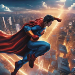 Create an image of a superhero dramatically departing from a cit...