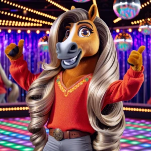 Happy gypsy horse mascot with long hair rapunzel straight on a l...