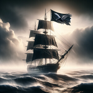 The ship is sailing in the Pacific Ocean. It has a black raven f...