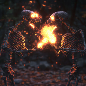 Two zombie crow skeletons engage in a fiery battle, shooting vib...