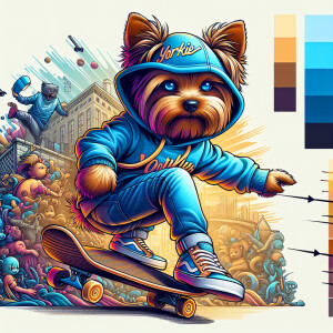 A yorkie wearing Jeanshose and Hoody, colorful, anthropomorphic,...