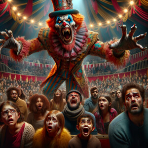 Scary clown scares everyone in the circus with his tricks