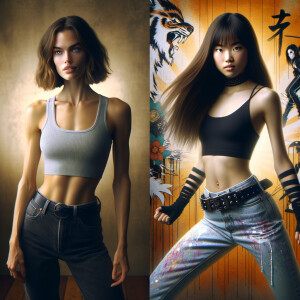 Athletic Thin skinny Attractive, Asian teenage girl, long brown hair and bangs, wearing tight skinny jeans and a halter top paint marks on her clothing, heroic pose Asian graffiti background, backside view