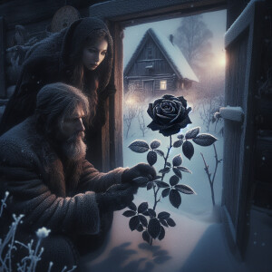 On the threshold of their house, in winter, a man and a woman fo...