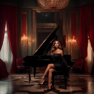 Refined, detailed woman seated sideways on a black stool next to...