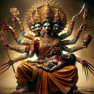 portrait of angry looking, four-armed indian goddess  sitting on a gold crown and carrying a weak mahishasur on her lap and poking his abdomen with her amazingly long red fingernails . She is wearing gold armor, a huge gold crown, gold saree, abundant  gold jewelry, covered in blood. The scene is set in ancient India. The image is 8K resolution, cinematic, photography, ultra detailed face and epic.