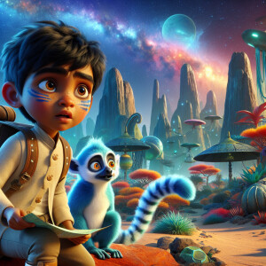 A boy and a blue-furred lemur explore another planet